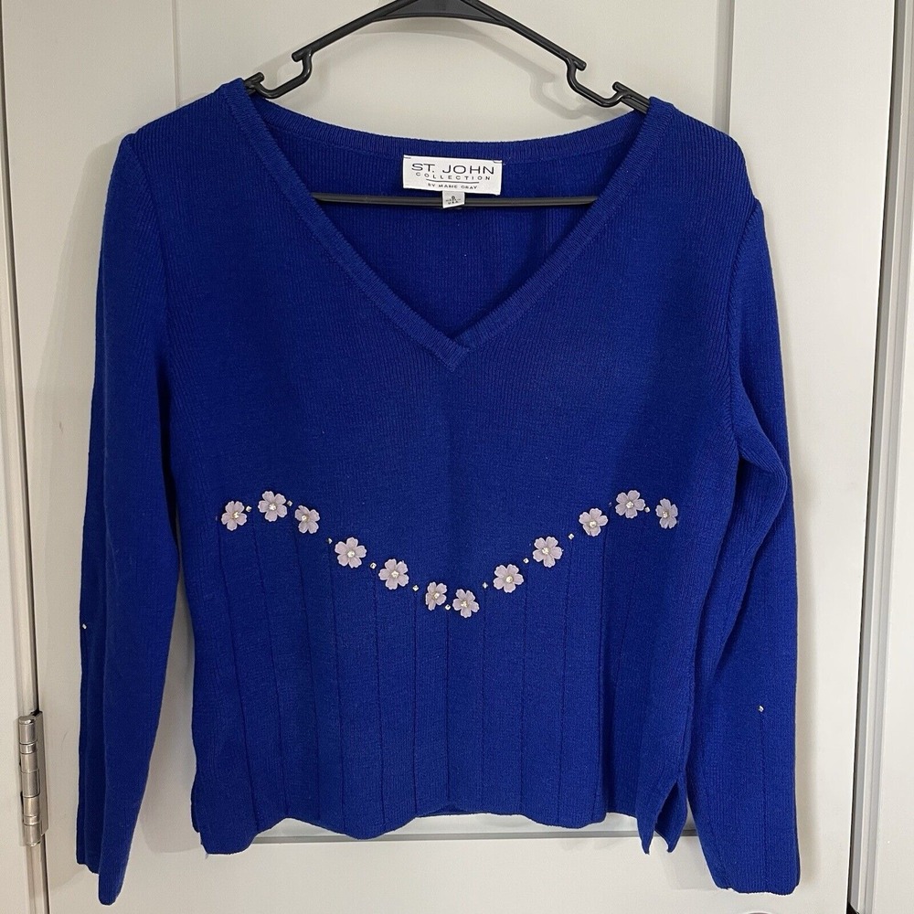 St John Collection by‎ Marie Grey Size 8 SWEATER Santana Knit Blue Embellished